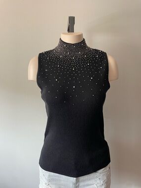90s Y2K Vintage Beaded Rhinestone Ribbed Sleeveless Top Mockneck Whimsigoth